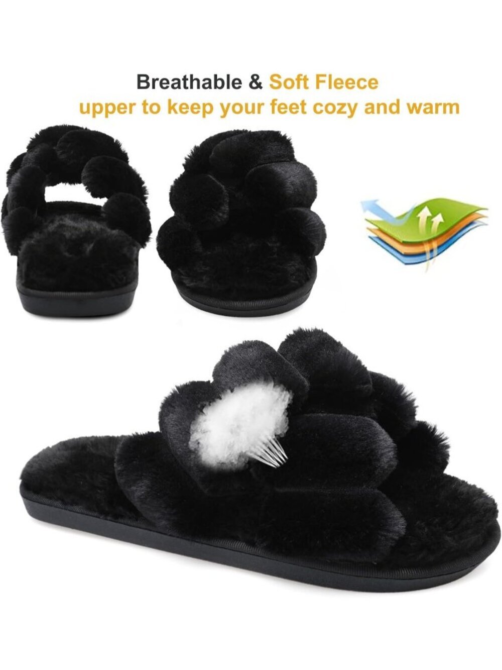 Women's Black Twist Fuzzy Fluffy House Criss Cross Furry Open Toe Slipper Shoes - Picture 4 of 6